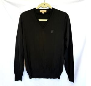 Men's Burberry Uniform Black Merino Wool V-Neck Logo Sweater, XS, Luxury Preppy